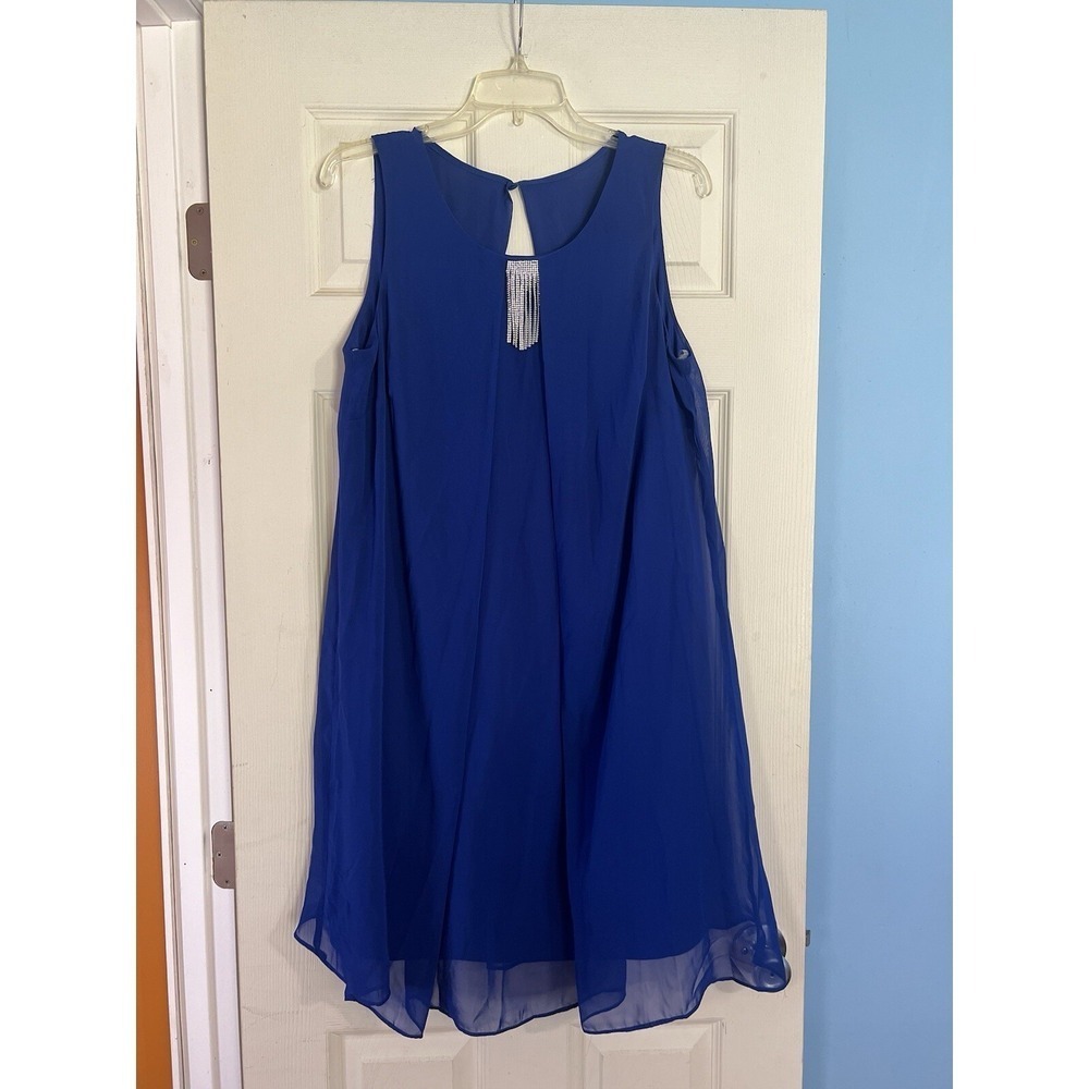 MSK Blue Chiffon Rhinestone Fringe Shift Dress 14W Cocktail Evening Goddess